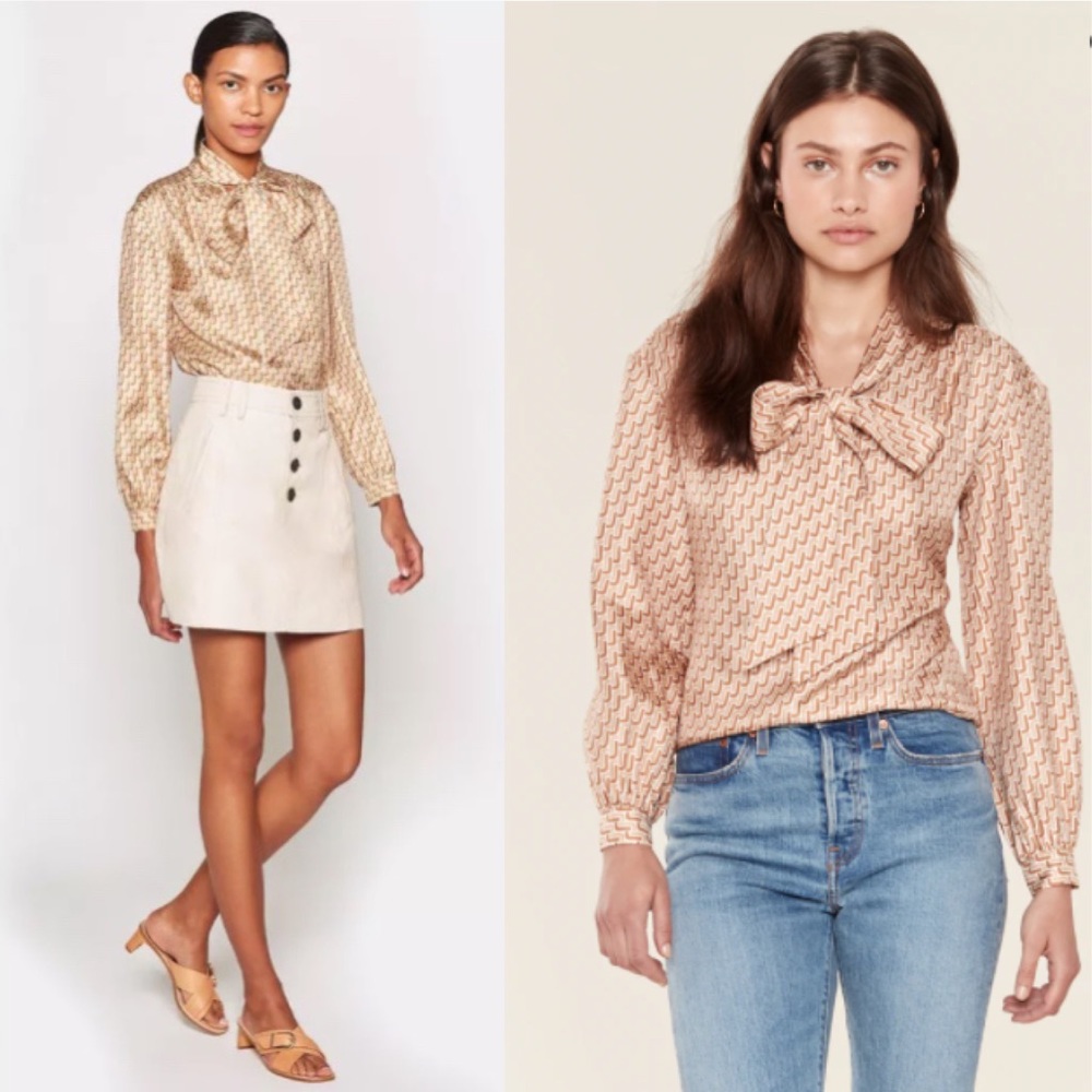 Joie Joslin Bow Tie Silk Blouse Chain Print Oak Tan XL NWT